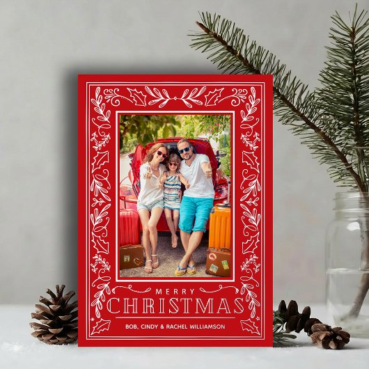 Stylish Greenery Christmas Photo Silver 箔シーズンカード