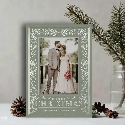 Stylish Greenery Christmas Photo Silver 箔シーズンカード