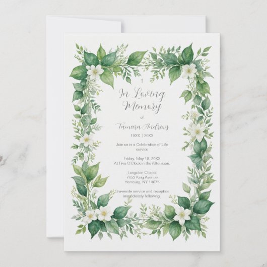 Stylish Greenery Frame Photo Funeral Invitation 招待状 (正面)