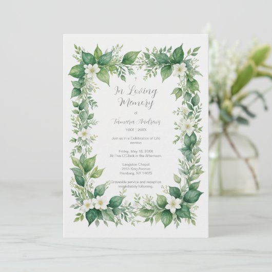 Stylish Greenery Frame Photo Funeral Invitation 招待状 (スタンド正面)