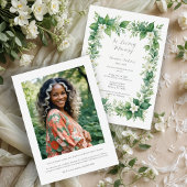 Stylish Greenery Frame Photo Funeral Invitation 招待状