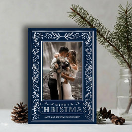 Stylish Greenery on Blue Christmas Photo Silver 箔シーズンカード
