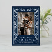 Stylish Greenery on Blue Christmas Photo Silver 箔シーズンカード (立ち正面)