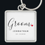 Stylish Groom Wedding キーホルダー<br><div class="desc">The perfect gift for any groom,  the fun and modern design features stylish typography script font "Groom" wording with a cute little red love heart full stops. The design is easy to personalize with your name and established wedding date and will be the perfect keepsake from your special day.</div>