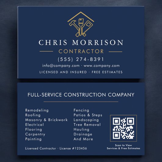 Stylish Home Repairs Contractor Navy Blue QR Code 名刺