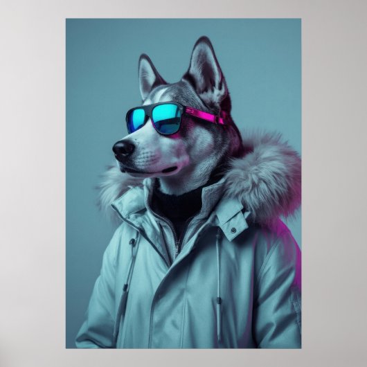 Stylish Husky in Winter Jacket Neon Art ポスター (正面)