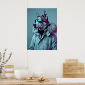 Stylish Husky in Winter Jacket Neon Art ポスター (キッチン)