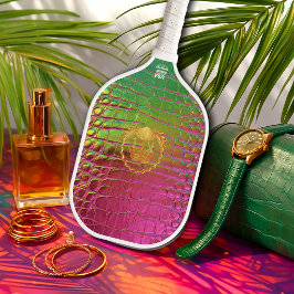 Stylish Iridescent Pink Green Faux Crocodile ピックルボールラケット
