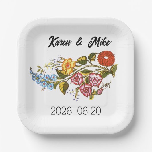 Stylish Kalocsai flowers - personalized wedding ペーパープレート (正面)