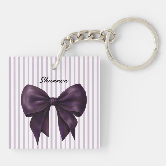 Stylish Lavender Stripes Purple Bow  キーホルダー (裏面)
