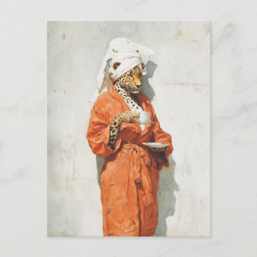 Stylish Leopard Morning Coffee Portrait ポストカード (正面)