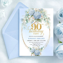 Stylish Light Blue Hydrangeas 90th Birthday Invite 招待状