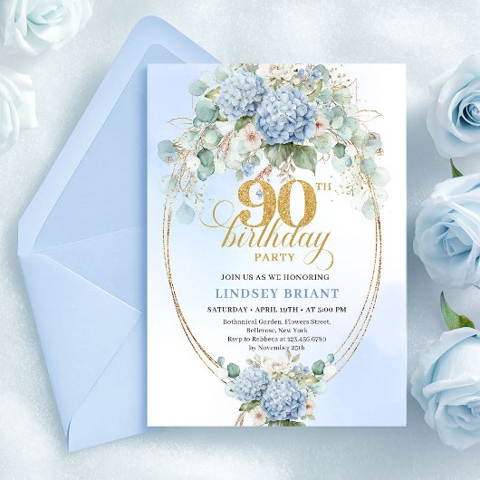 Stylish Light Blue Hydrangeas 90th Birthday Invite 招待状