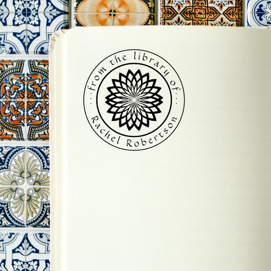Stylish Lotus Flower Elegant Round Library Book ラバースタンプ