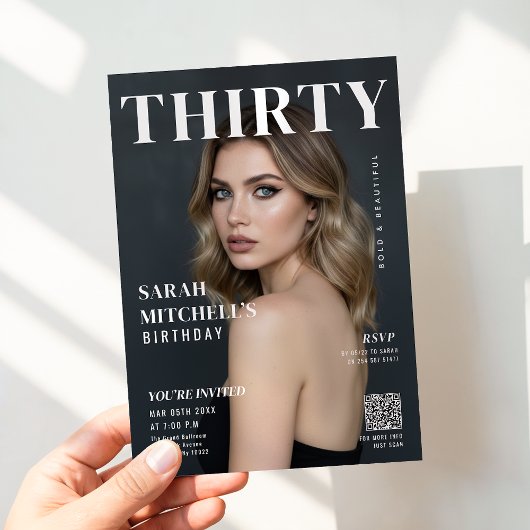 Stylish Magazine Cover Photo 30th Birthday QR Code 招待状