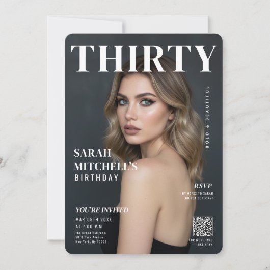 Stylish Magazine Cover Photo 30th Birthday QR Code 招待状 (正面)