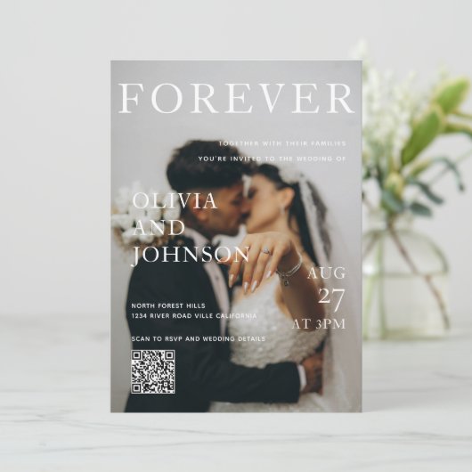 Stylish Magazine Style Qr Code Wedding 招待状 (スタンド正面)