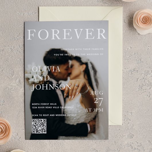 Stylish Magazine Style Qr Code Wedding 招待状