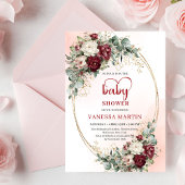 Stylish Maroon Flowers Greenery Baby Shower Invite 招待状