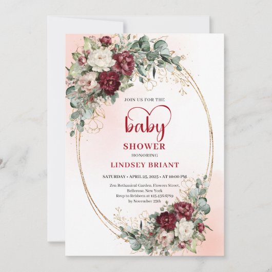 Stylish Maroon Flowers Greenery Baby Shower Invite 招待状 (正面)