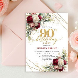 Stylish Marsala Gold Roses 90th Birthday Invitatio 招待状