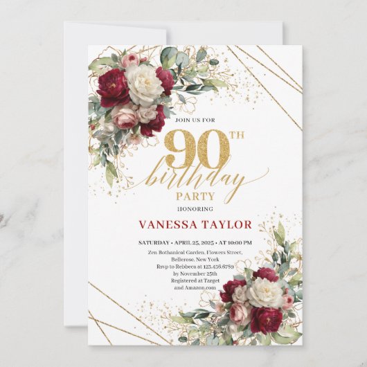Stylish Marsala Gold Roses 90th Birthday Invitatio 招待状 (正面)