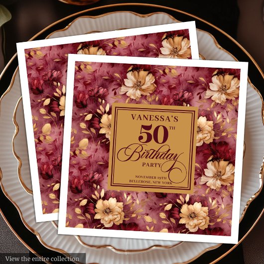 Stylish Merlot Blush Gold Floral 50th Birthday 