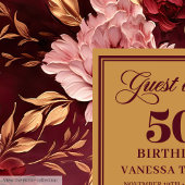 Stylish Merlot Blush Gold Floral 50th Birthday ゲストブック