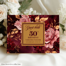 Stylish Merlot Blush Gold Floral 50th Birthday ゲストブック