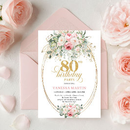 Stylish Minimal Blush Floral 80th Birthday Invite 招待状