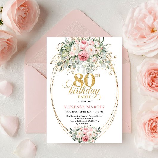 Stylish Minimal Blush Floral 80th Birthday Invite 招待状
