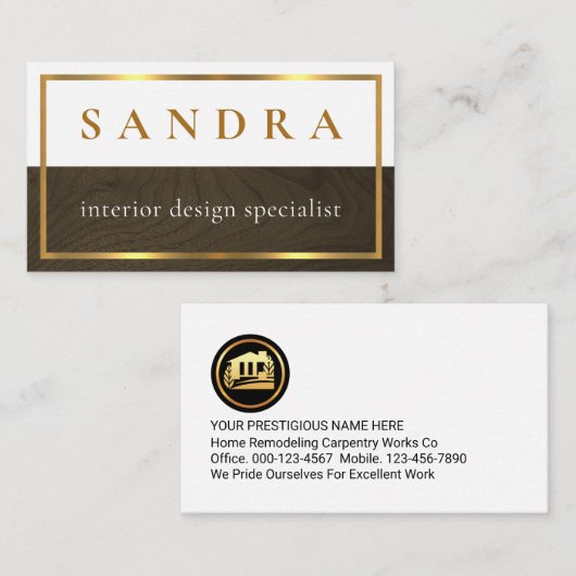 Stylish Minimalist Wood Timber Gold Frame 名刺 (正面/裏面)