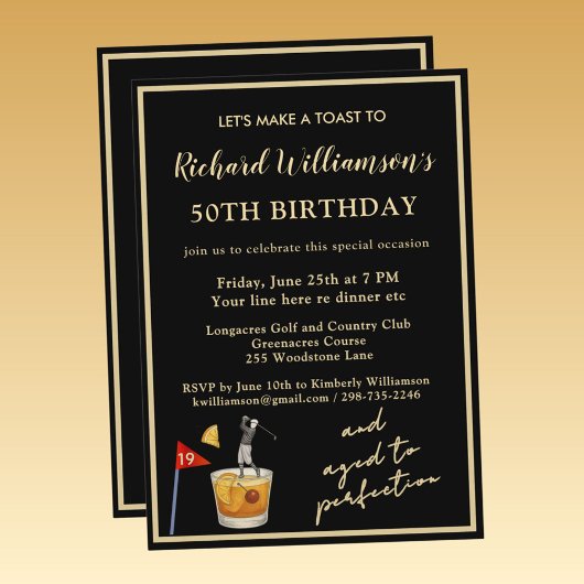 Stylish Modern Black & Gold 50th Birthday Party 招待状
