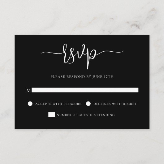 Stylish Modern Calligraphy Black Wedding 出欠カード (正面)