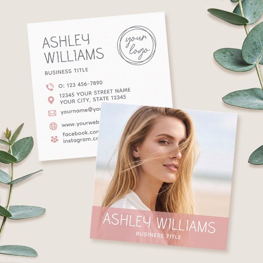 Stylish Modern Custom Photo Color Logo Pink スクエア名刺