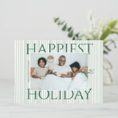Stylish Modern Green Stripes Family Photo Happiest シーズンカード (スタンド正面)