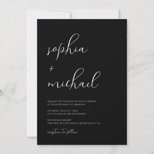 Stylish Modern Script Black And White Wedding 招待状 (正面)