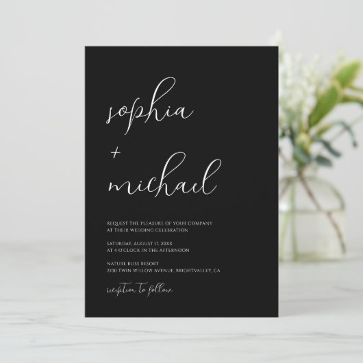 Stylish Modern Script Black And White Wedding 招待状 (スタンド正面)