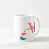 Stylish Monogram Tropical Leaves Hot Pink Flamingo コーヒーマグカップ (正面右)