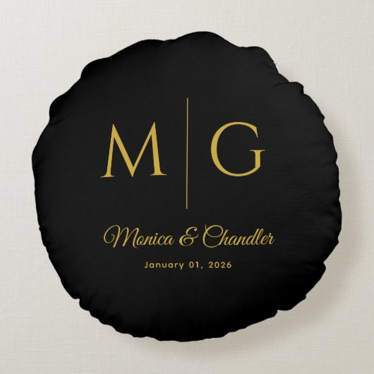 Stylish Monogram With Couple Name Black ラウンドクッション (裏面)