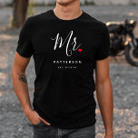 Stylish Mr. Custom Last Name & Date Wedding Tシャツ<br><div class="desc">The perfect gift for any groom to be,  the fun and modern design features a stylish typography script "Mr." with cute little red love heart full stops. The design is easy to personalize with your surname and established date and will be the perfect keepsake from your special day.</div>