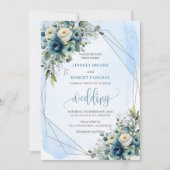 Stylish Navy Blue Silver Floral Wedding Invitation 招待状 (正面)