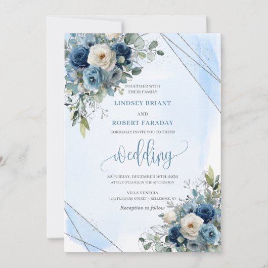 Stylish Navy Blue Silver White Roses Wedding  招待状 (正面)