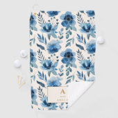 Stylish Navy Blue Watercolor Flowers Monogram ゴルフタオル (インサイチュ)