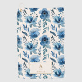 Stylish Navy Blue Watercolor Flowers Monogram ゴルフタオル (正面)
