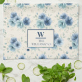 Stylish Navy Blue Watercolor Flowers Monogram Kitc キッチンタオル (折り畳み)