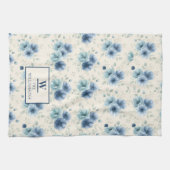 Stylish Navy Blue Watercolor Flowers Monogram Kitc キッチンタオル (横)