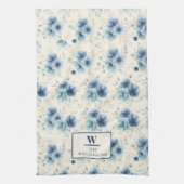 Stylish Navy Blue Watercolor Flowers Monogram Kitc キッチンタオル (縦)