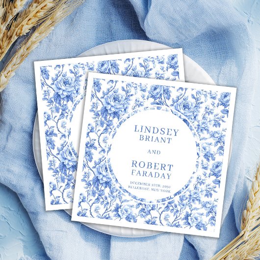 Stylish Navy Toile Roses Personalized Wedding スタンダードカクテルナプキン