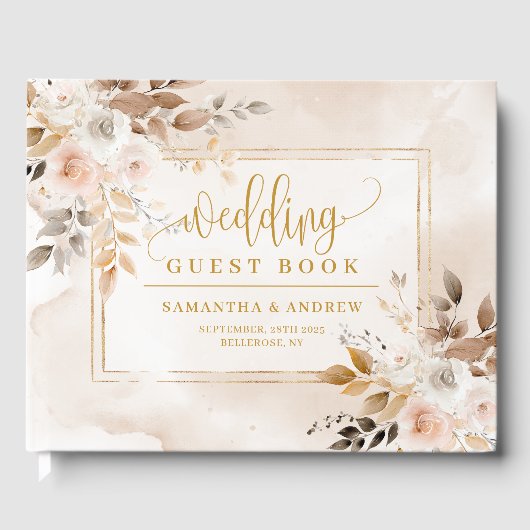 Stylish Neutral Tones Gold Boho Wedding Guest Book ゲストブック (正面)